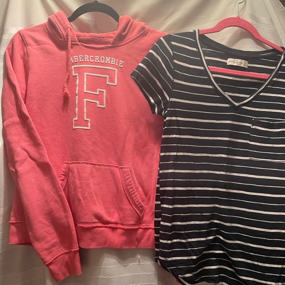 2 Abercrombie & Fitch tops; XS Navy/White oversized tee and a Large pink hoodie